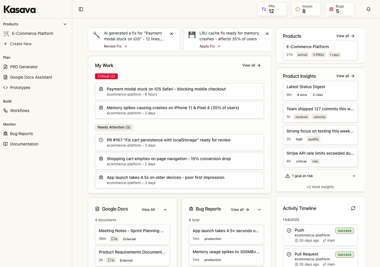 Kasava dashboard showing AI-powered product development tools