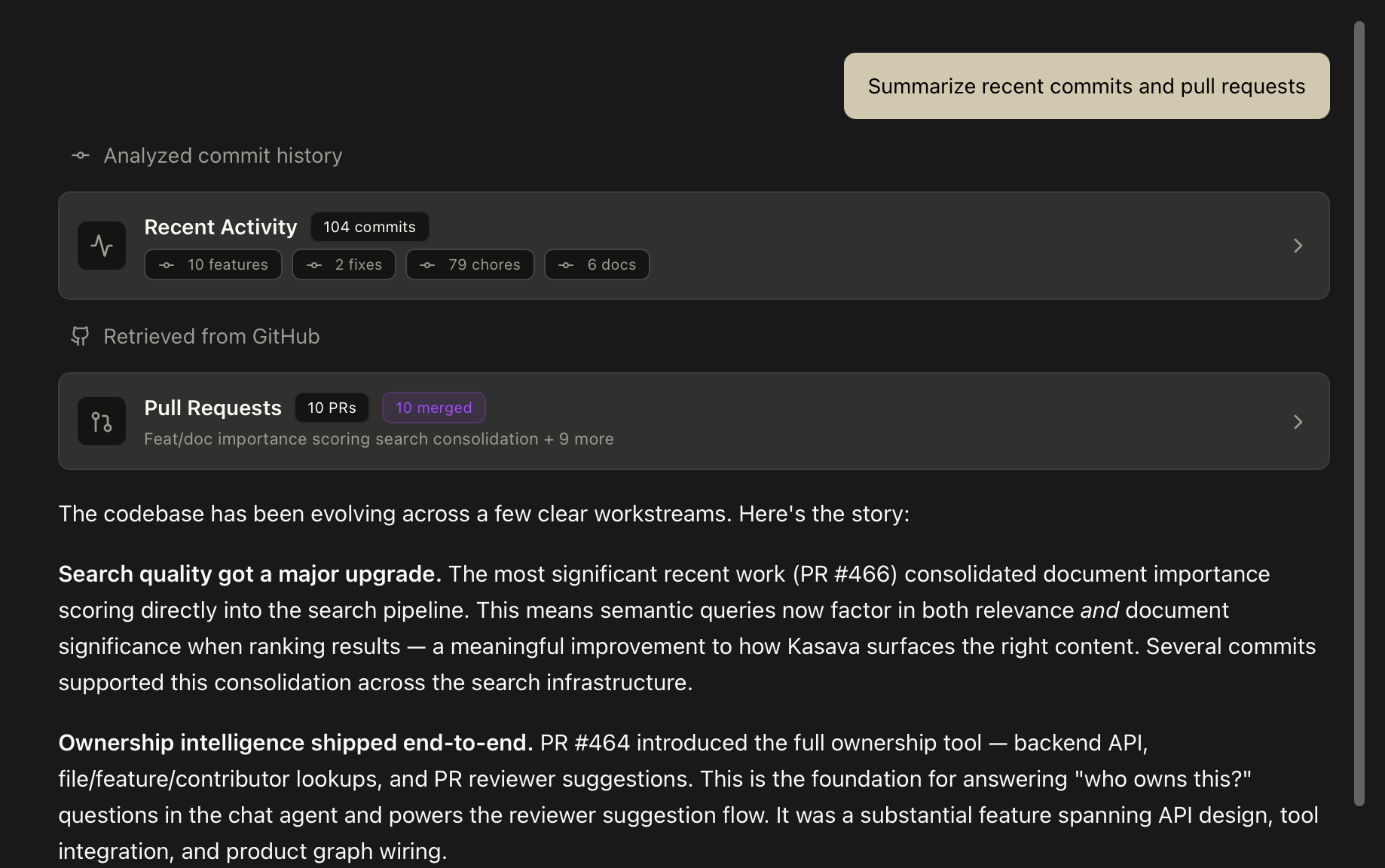 Kasava AI chat summarizing recent commits