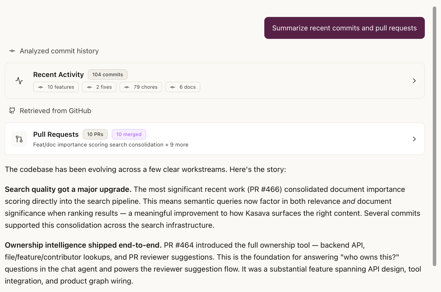 Kasava AI chat summarizing recent commits