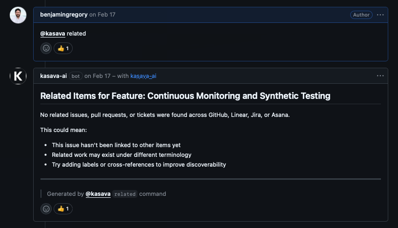 Kasava replying on a GitHub issue with related Linear and Jira items