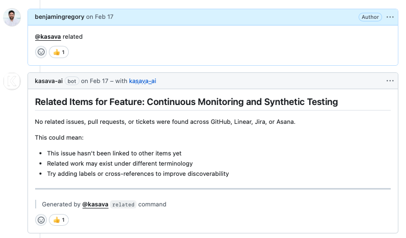 Kasava replying on a GitHub issue with related Linear and Jira items