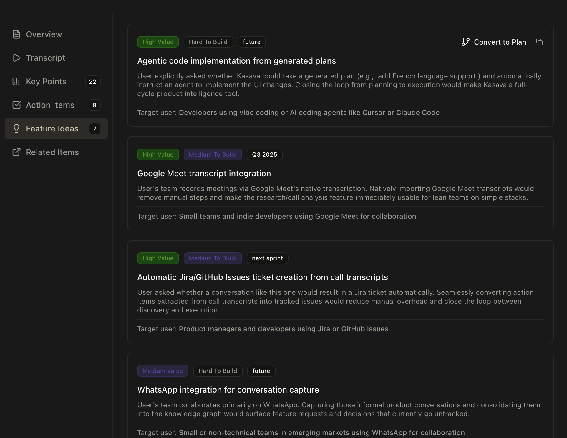 Kasava research feature ideas from transcript