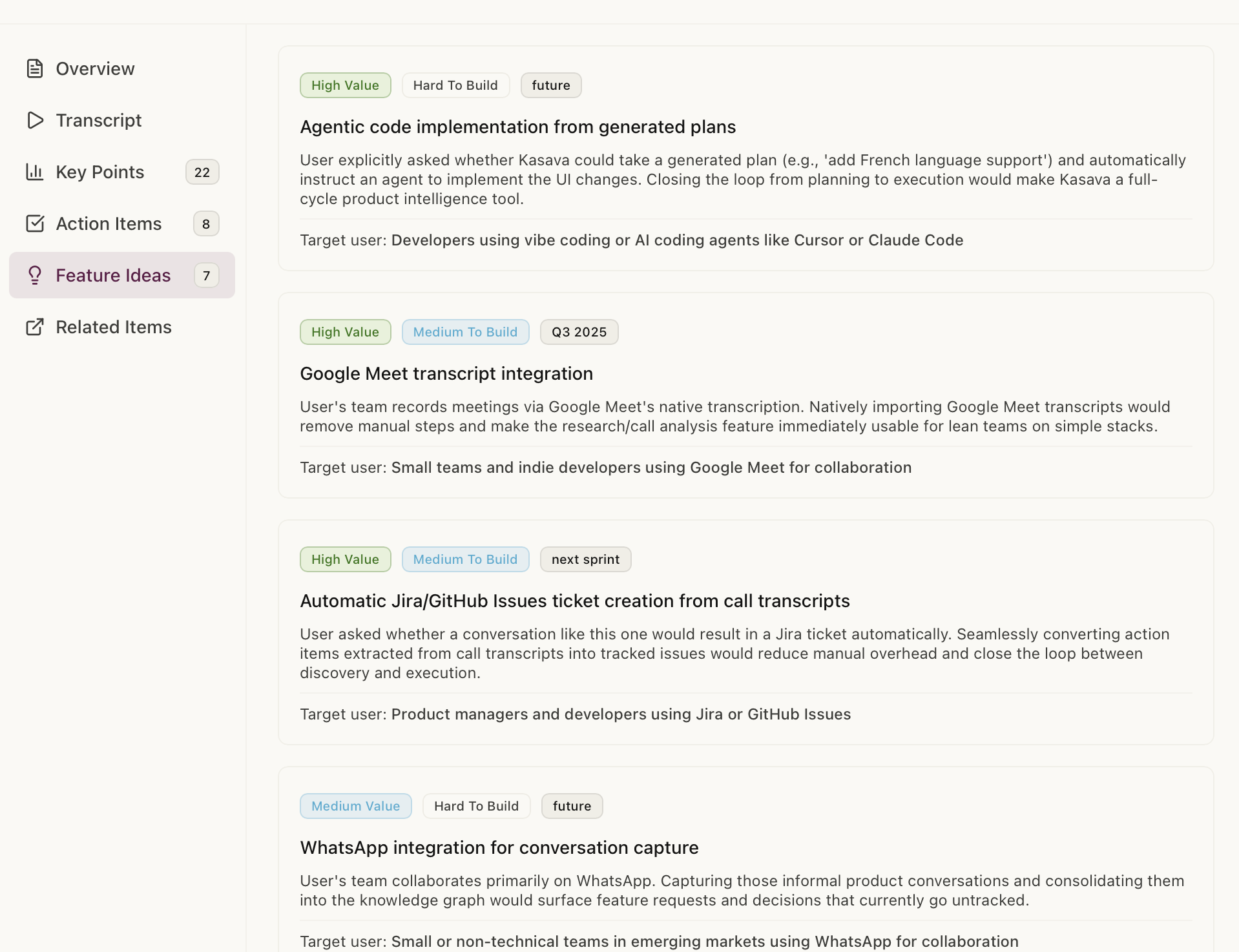 Kasava research feature ideas extracted from transcript