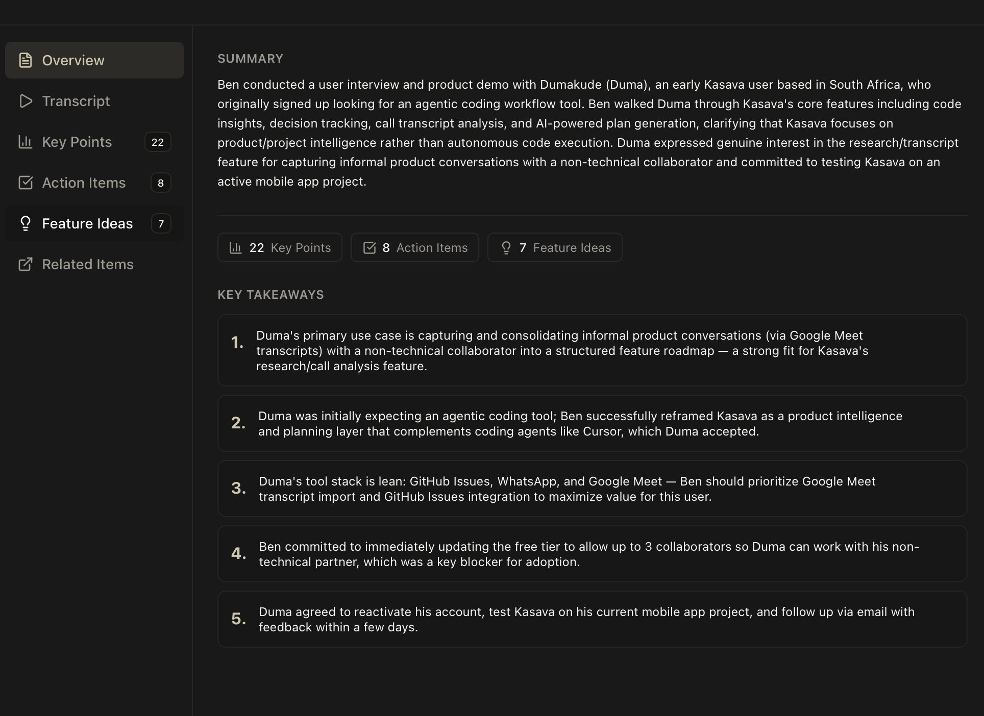 Kasava research overview with AI-generated transcript summary