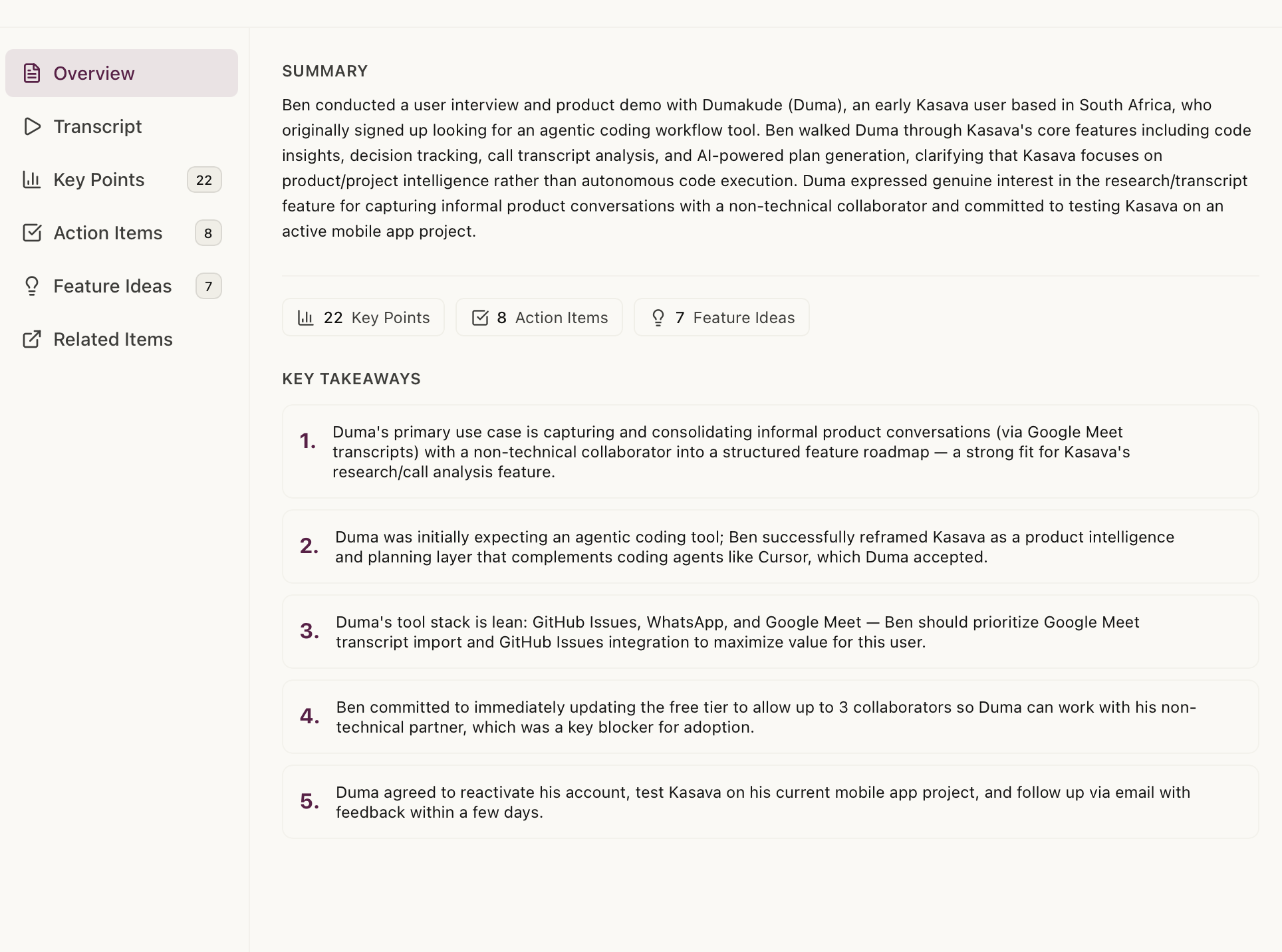 Kasava research overview with AI-generated transcript summary