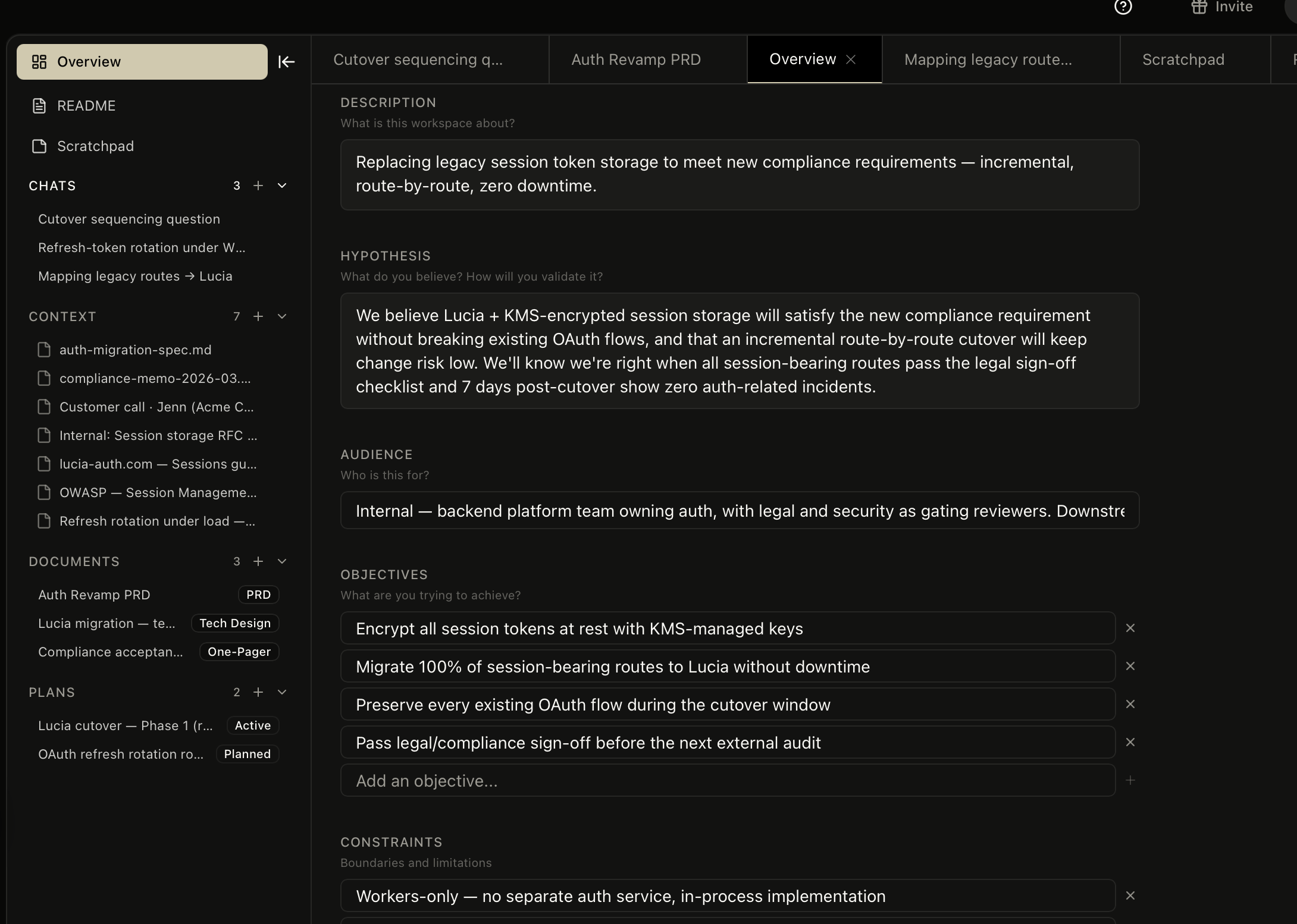 Kasava workspace detail page with README, sources, and scoped chat panel