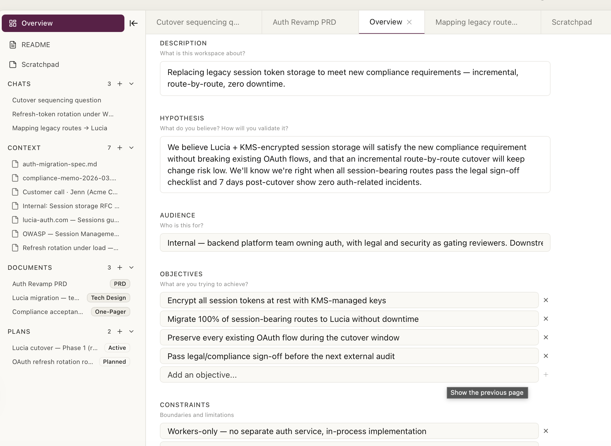 Kasava workspace detail page with README, sources, and scoped chat panel